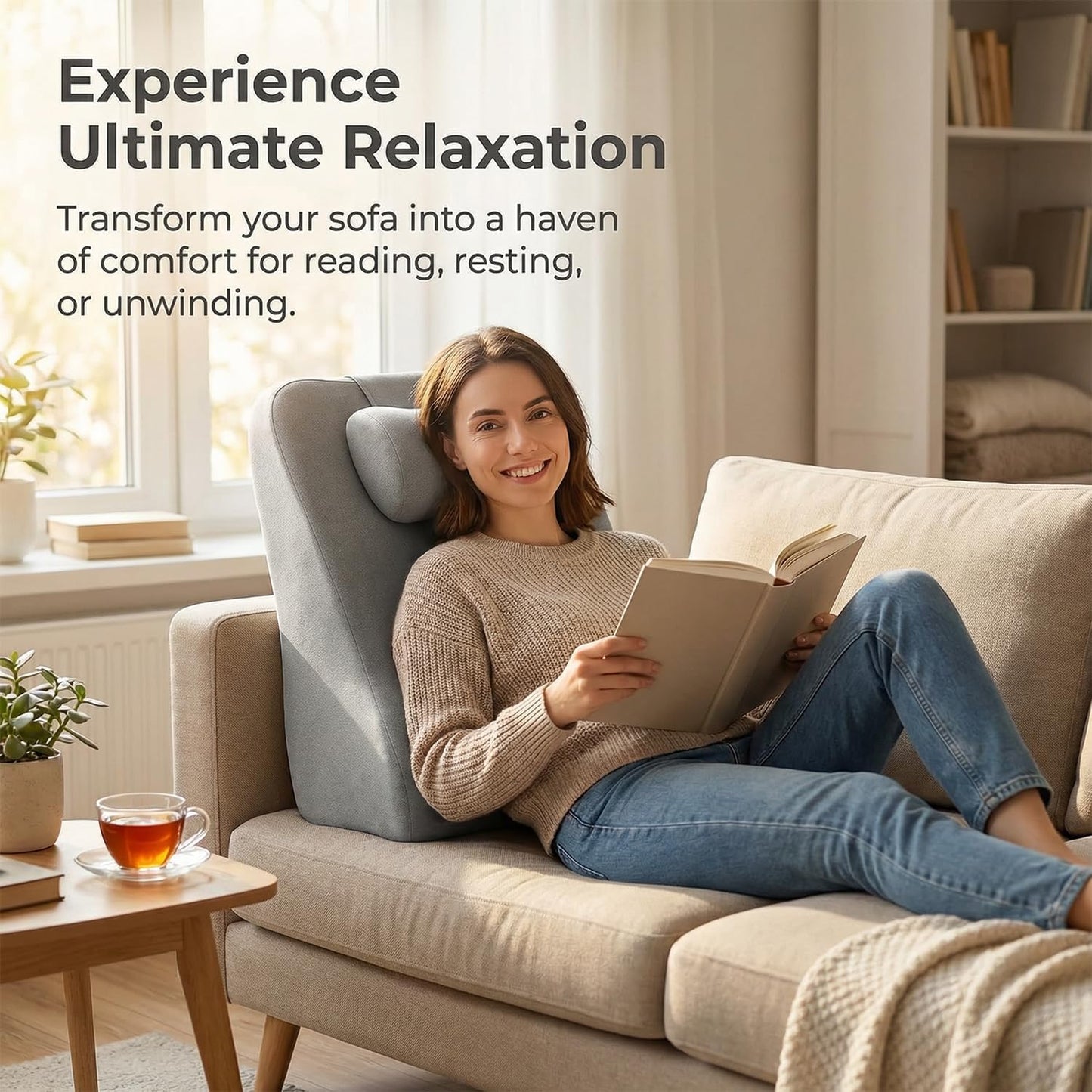 Back Wedge Pillow for Sofa, Lumbar Support Reading Pillow for Bed, Back Support Cushion for Sitting Up, Angled Design for Relaxing, Bedtime and Night Comfort (Light Gray)