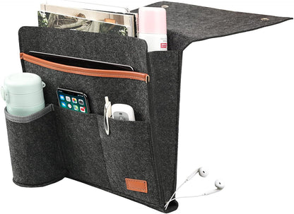 Surblue Bedside Caddy Felt Bedside Storage Organizer with Water Bottle Holder for TV Remote Control Phone Glasses Magazine 7 Pockets(Light Grey)