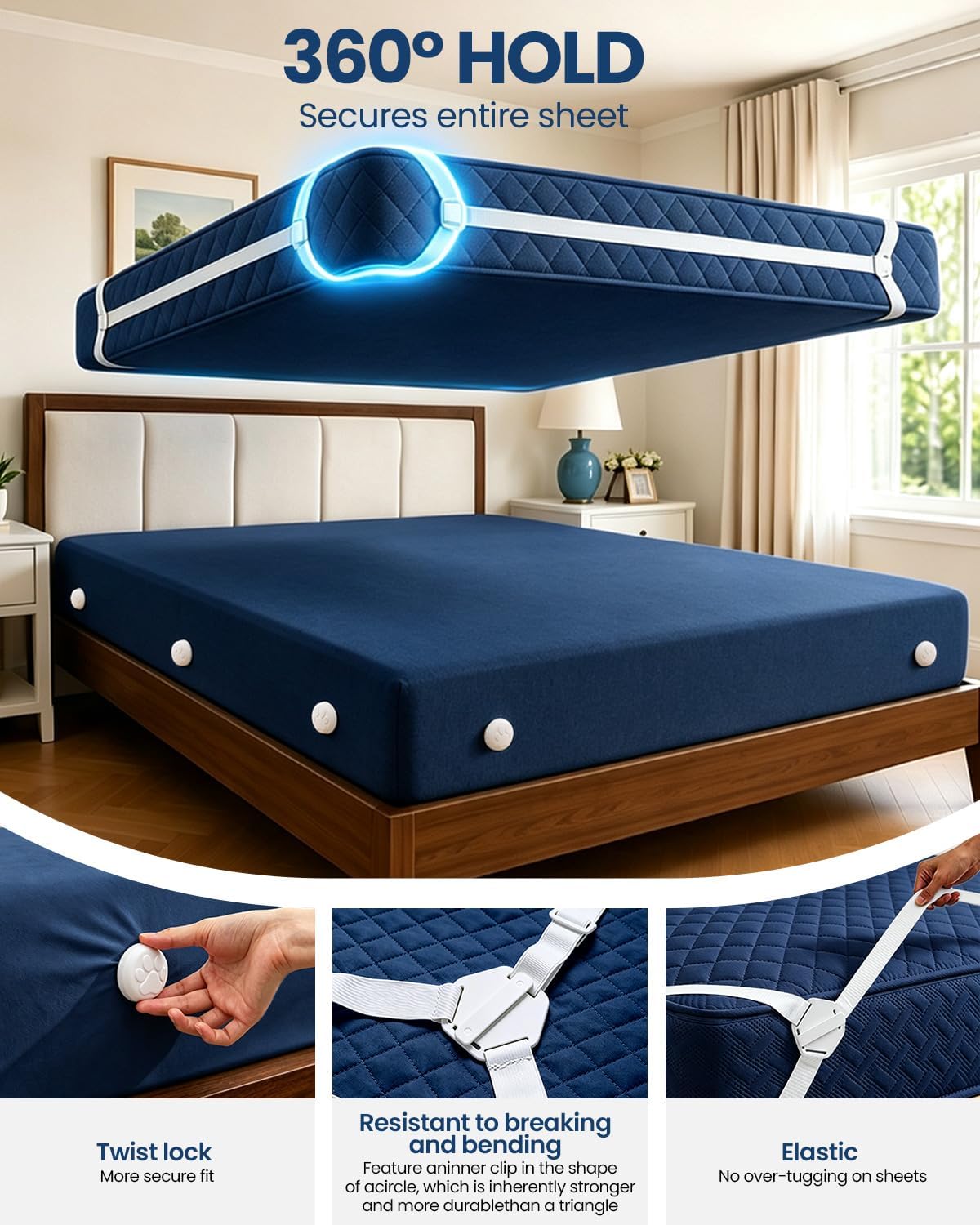 Bed Sheet Holders, Fitted Sheet Holder, 10 Twist-Locks, 360°Secure Fit
