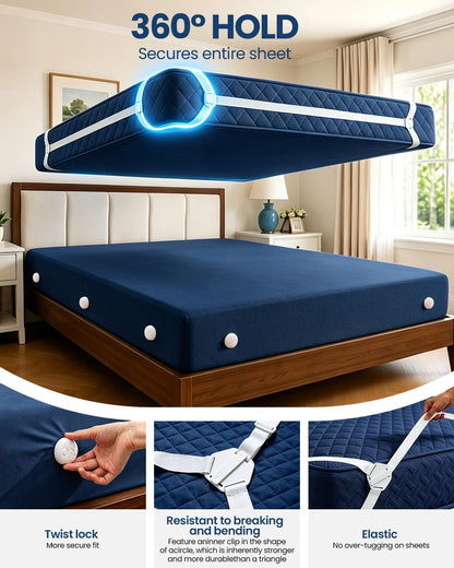 Bed Sheet Holders, Fitted Sheet Holder, 10 Twist-Locks, 360°Secure Fit