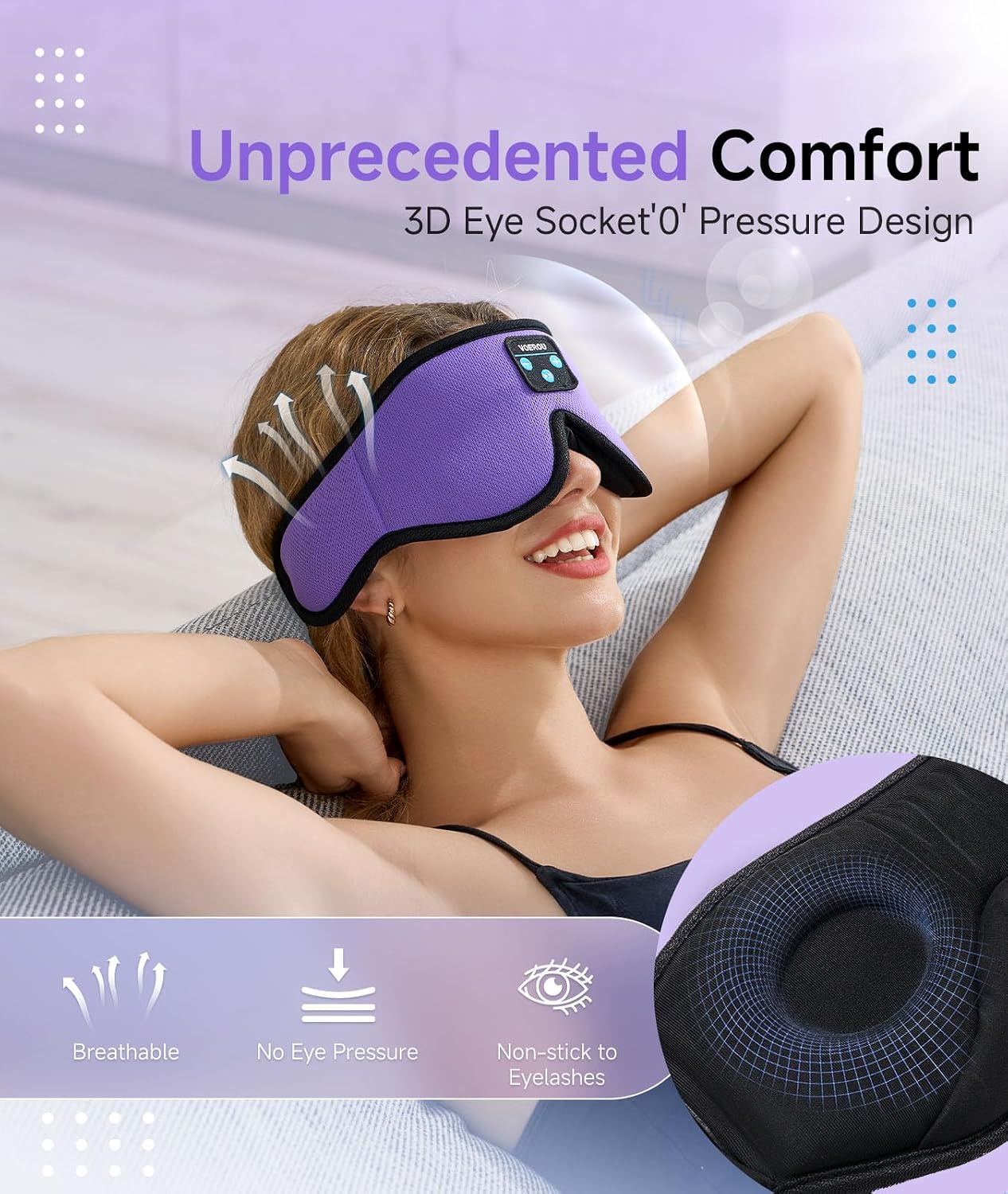 Voerou Sleep Mask with Bluetooth Headphones, Zero Pressure Wireless Sleeping Eye Mask, 100% Light Blocking Sleep Headphones for Side Sleepers, Suitable for Sleep Nap Travel, Cool Gadgets Unique Gifts