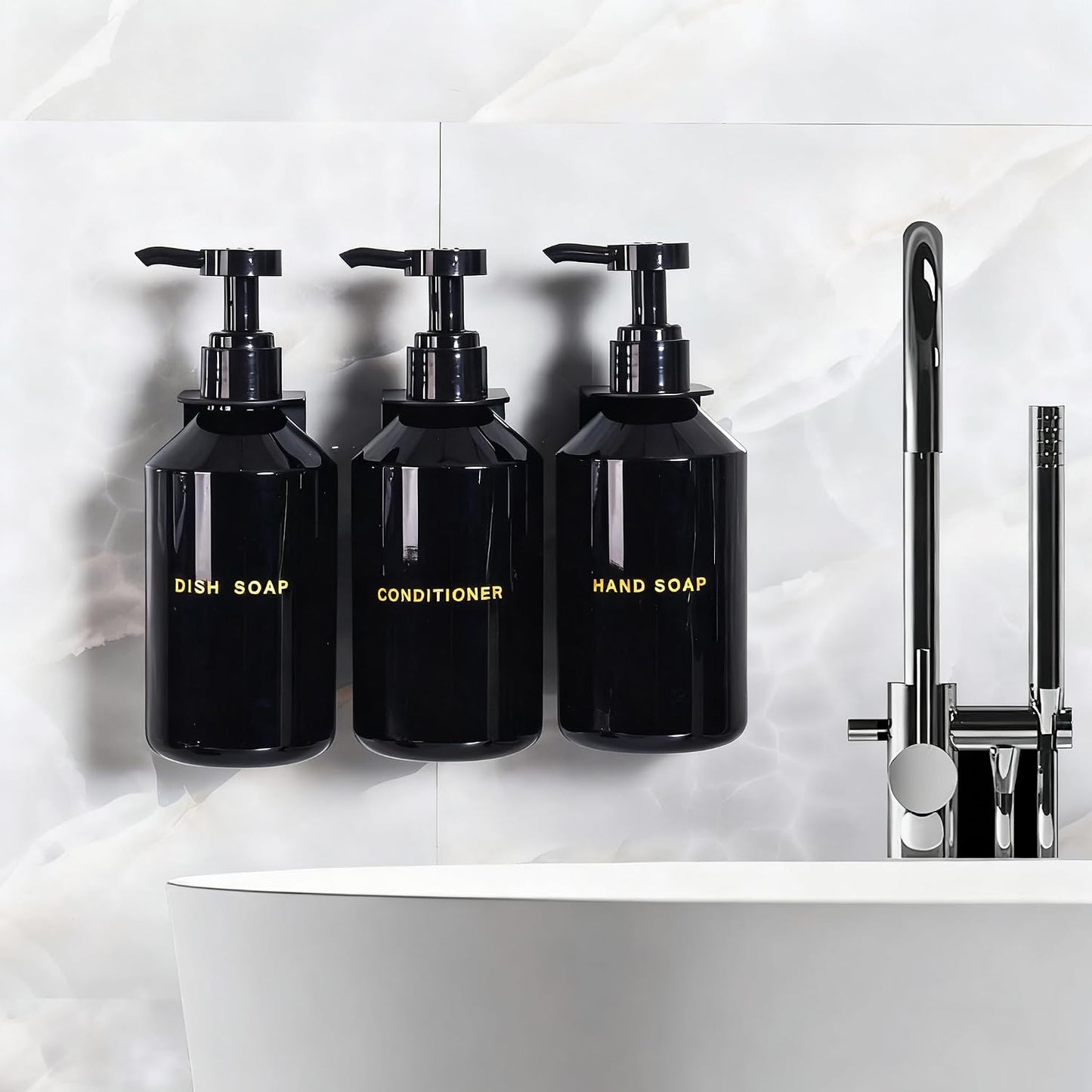 Wall Mounted Shampoo Dispenser for Shower, 3 Chamber 16.9 fl oz Each, 4CC Pump Soap Dispenser for Bathroom, Glossy Black Shampoo and Conditioner Dispenser with Crystal Labels (Brown)