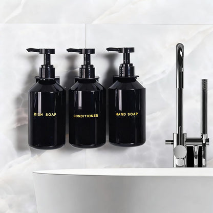 Wall Mounted Shampoo Dispenser for Shower, 3 Chamber 16.9 fl oz Each, 4CC Pump Soap Dispenser for Bathroom, Glossy Black Shampoo and Conditioner Dispenser with Crystal Labels (Brown)