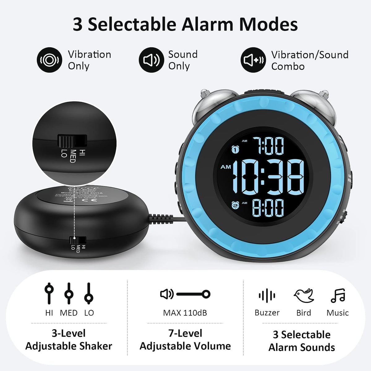 uscce Loud Dual Alarm Clock with Powerful Adjustable Bed Shaker
