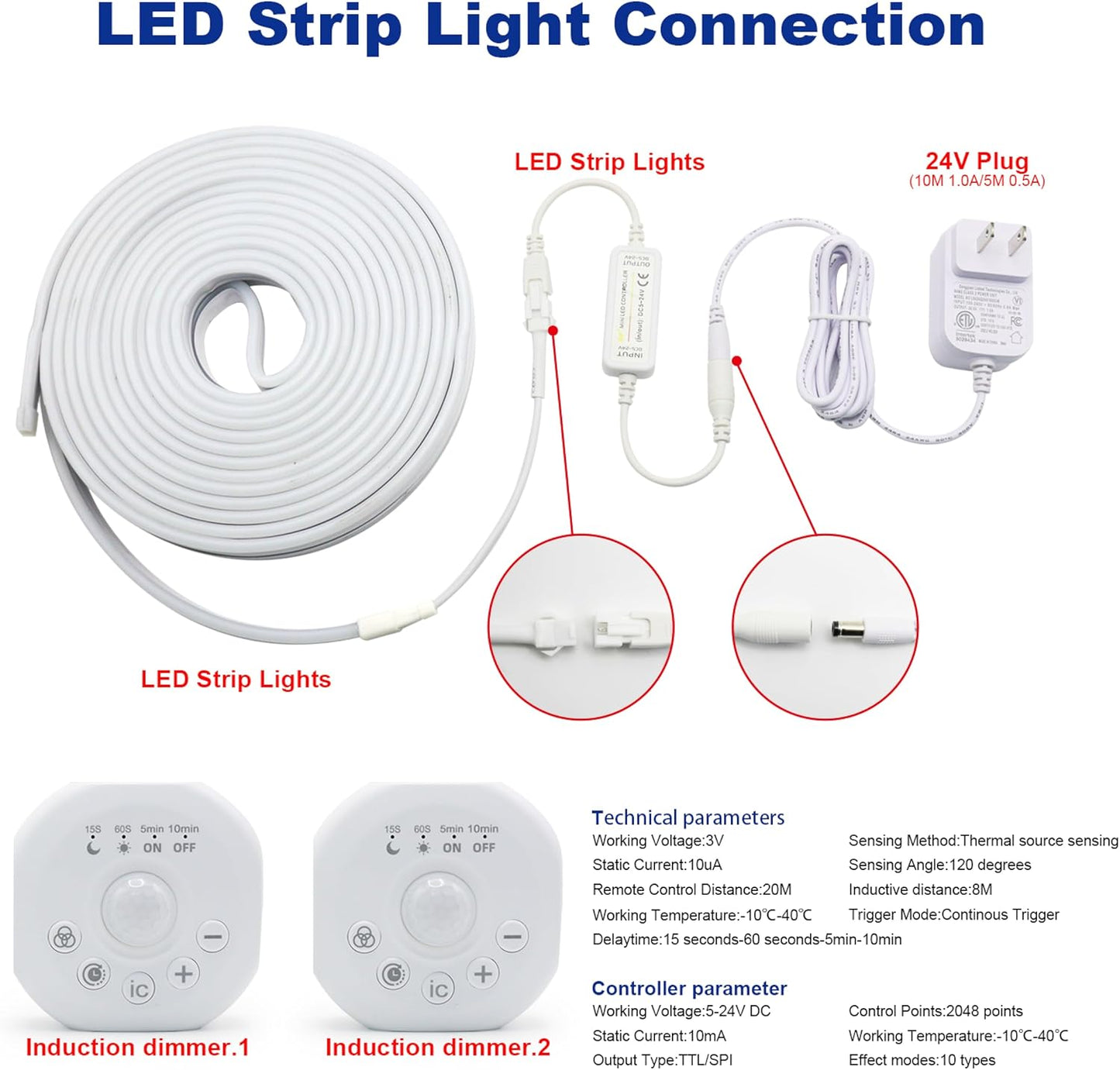 Motion Sensor LED Strip Lights - Chasing Effect Auto ON/Off for Stairs, Bedroom, Under Cabinet - 16.4ft White, Intelligent Motion Sensor Stair Lights