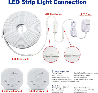 Motion Sensor LED Strip Lights - Chasing Effect Auto ON/Off for Stairs, Bedroom, Under Cabinet - 16.4ft White, Intelligent Motion Sensor Stair Lights