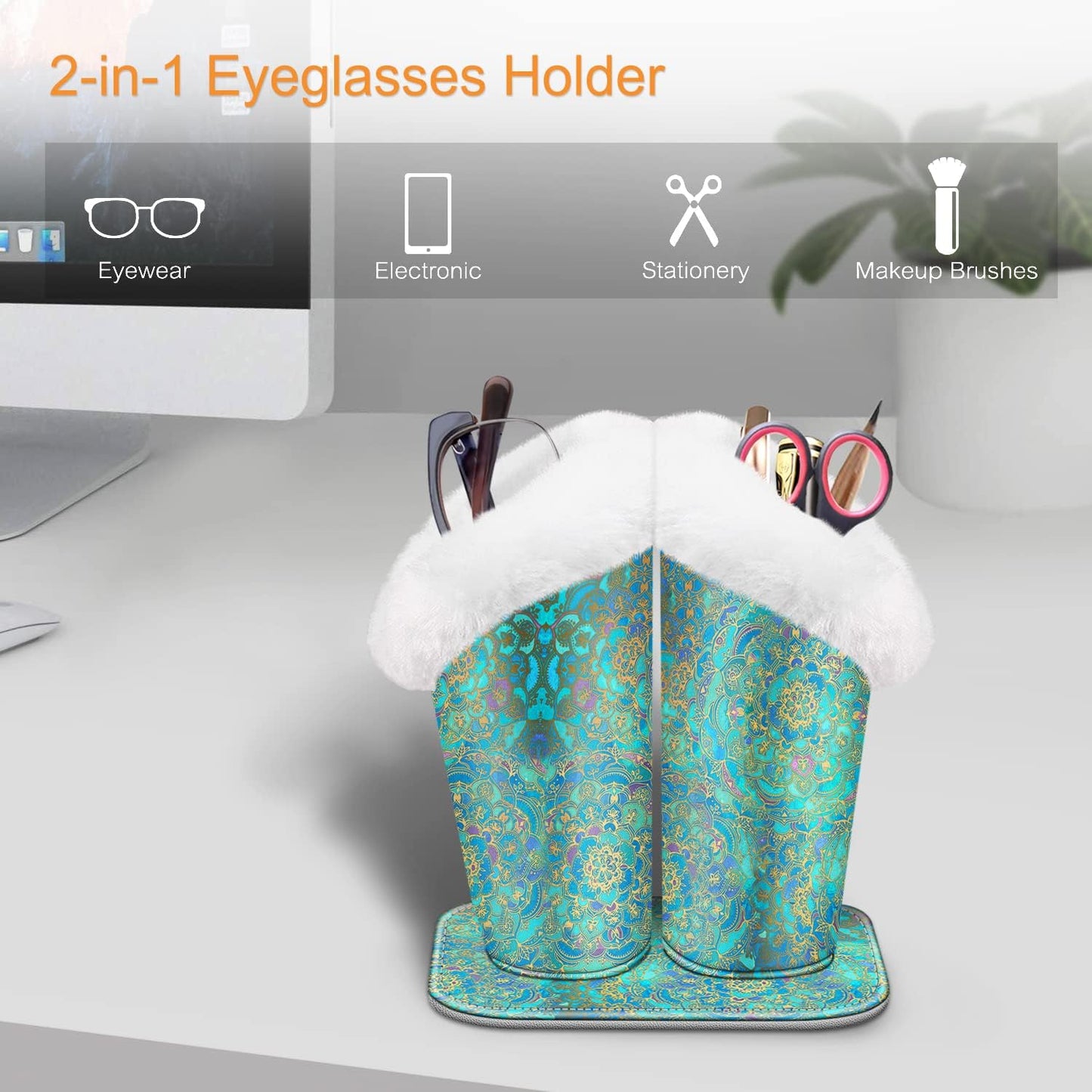FINTIE Plush Lined Double Eyeglasses Holder with Magnetic Base for Desk | Soft Plush Lining, Glasses Stand Case For Nightstand / Bedside, Office Desktop Organizer, Small Item Storage