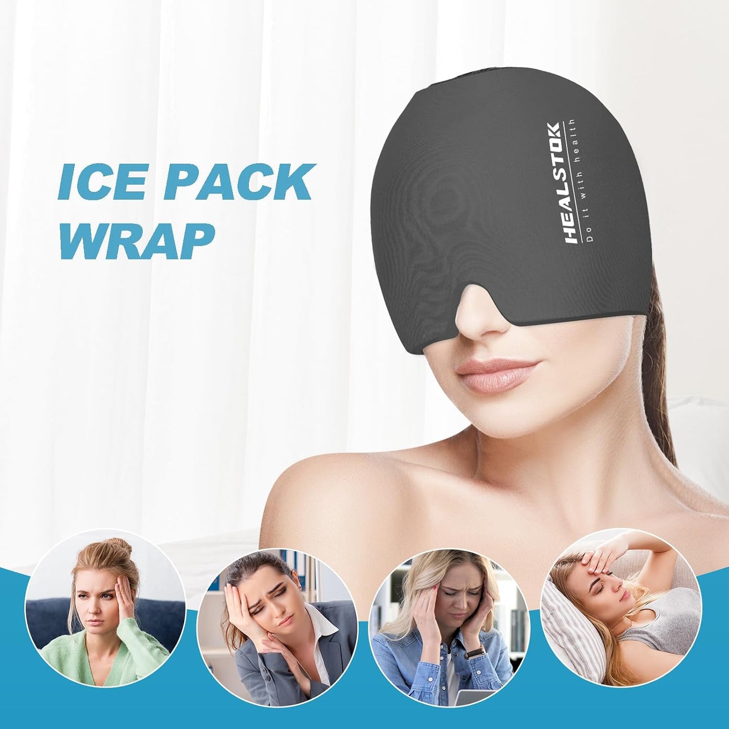 Cold Hat, Ice Cap, Cold/Hot Therapy Reusable Ice Head Wrap, Grey | 360°Compression Flexible Ice Pack Head Wrap, Cold Head Wrap, Migraine Relief Cap, Ice Head Wrap for Stress, Puffy Eyes