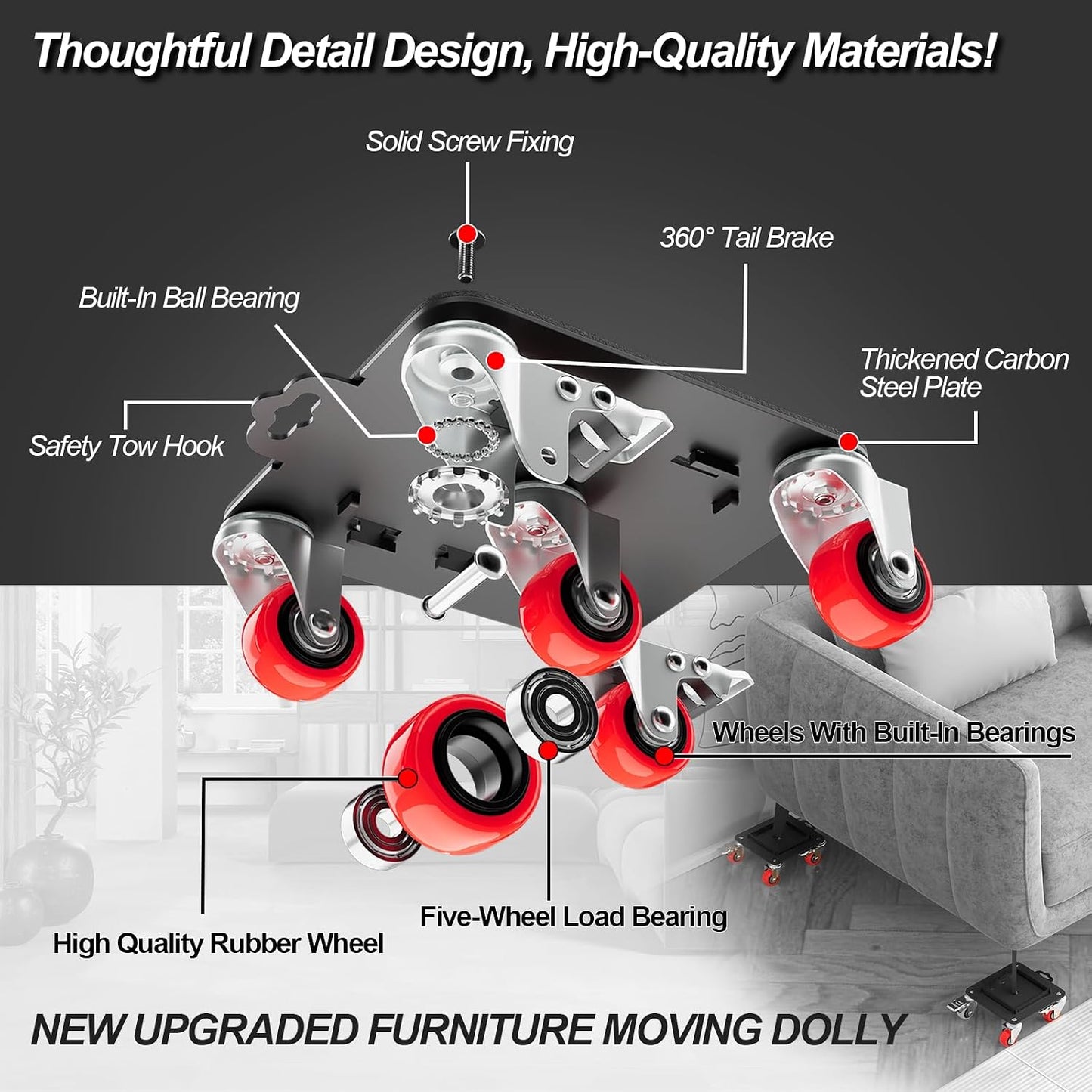 MYUEA Furniture Dolly 5 Wheels Heavy Duty with Removable Side Guards,3307 Lbs Capacity,360° Rotating Wheels & Side Brake,Furniture Movers Lifter Tool with Wheels for Appliances,Sofas,Beds,Pianos