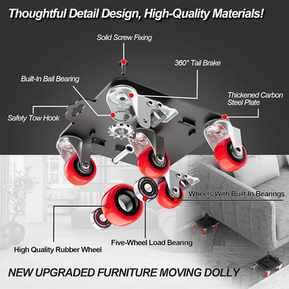 MYUEA Furniture Dolly 5 Wheels Heavy Duty with Removable Side Guards,3307 Lbs Capacity,360° Rotating Wheels & Side Brake,Furniture Movers Lifter Tool with Wheels for Appliances,Sofas,Beds,Pianos