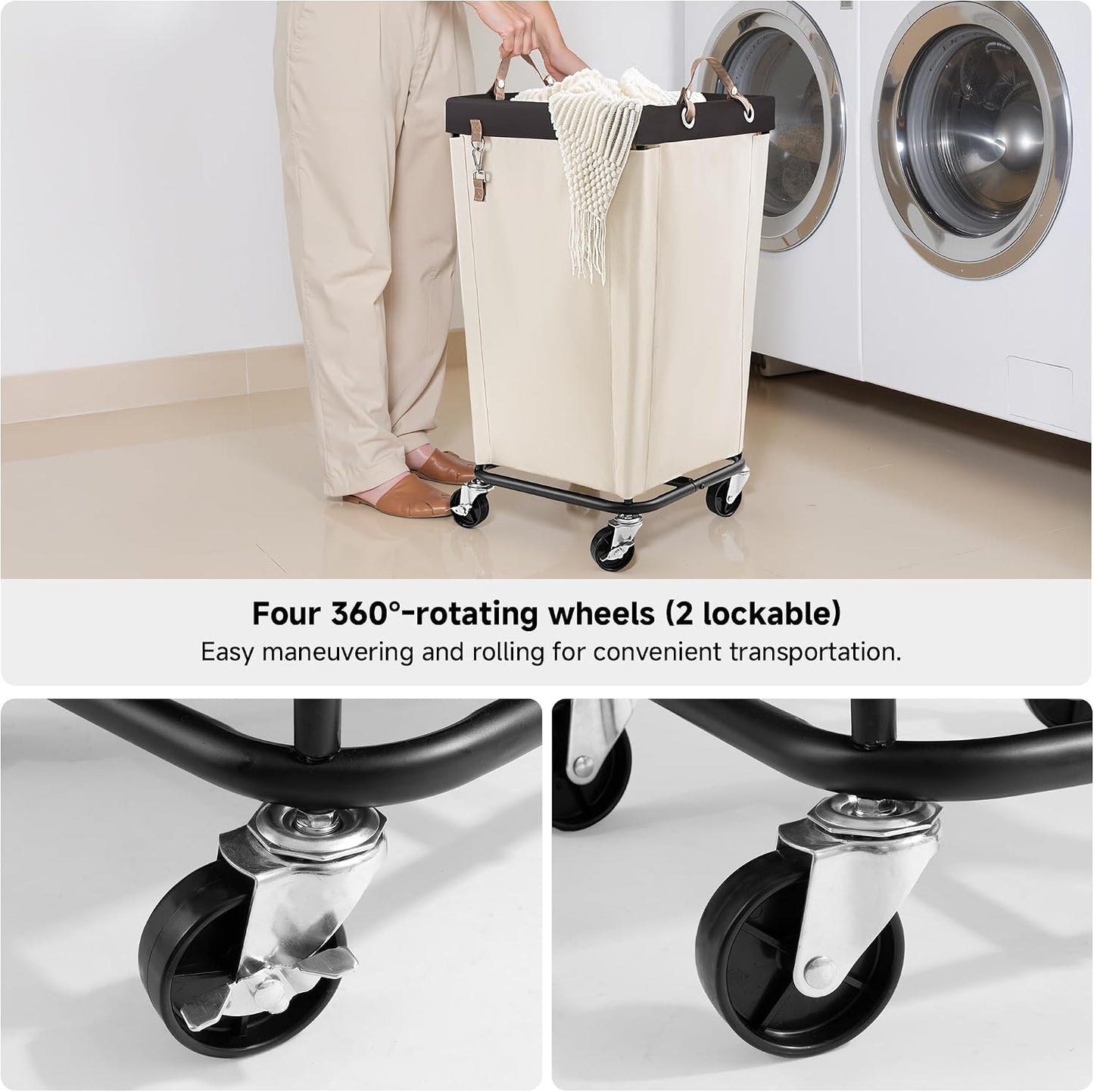 StorageWorks 160L Laundry Basket with Wheels, Rolling Hampers for Clothing | Beige Laundry Basket with Wheels, Metal Frame & Handles, Rolling Hamper for Bedroom, Bathroom, Dorm, Hotel