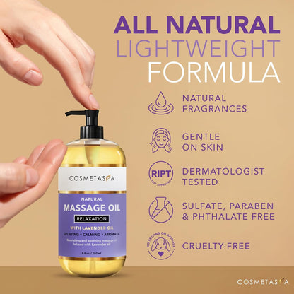 Cosmetasa Massage Oil for Sore Muscle Massage Therapy with Roller - All Natural, Cruelty-Free Massage Oils for Muscle Relaxing & Joint Comfort - Arnica Extract with Lavender & Chamomile Oil (8.8 oz)