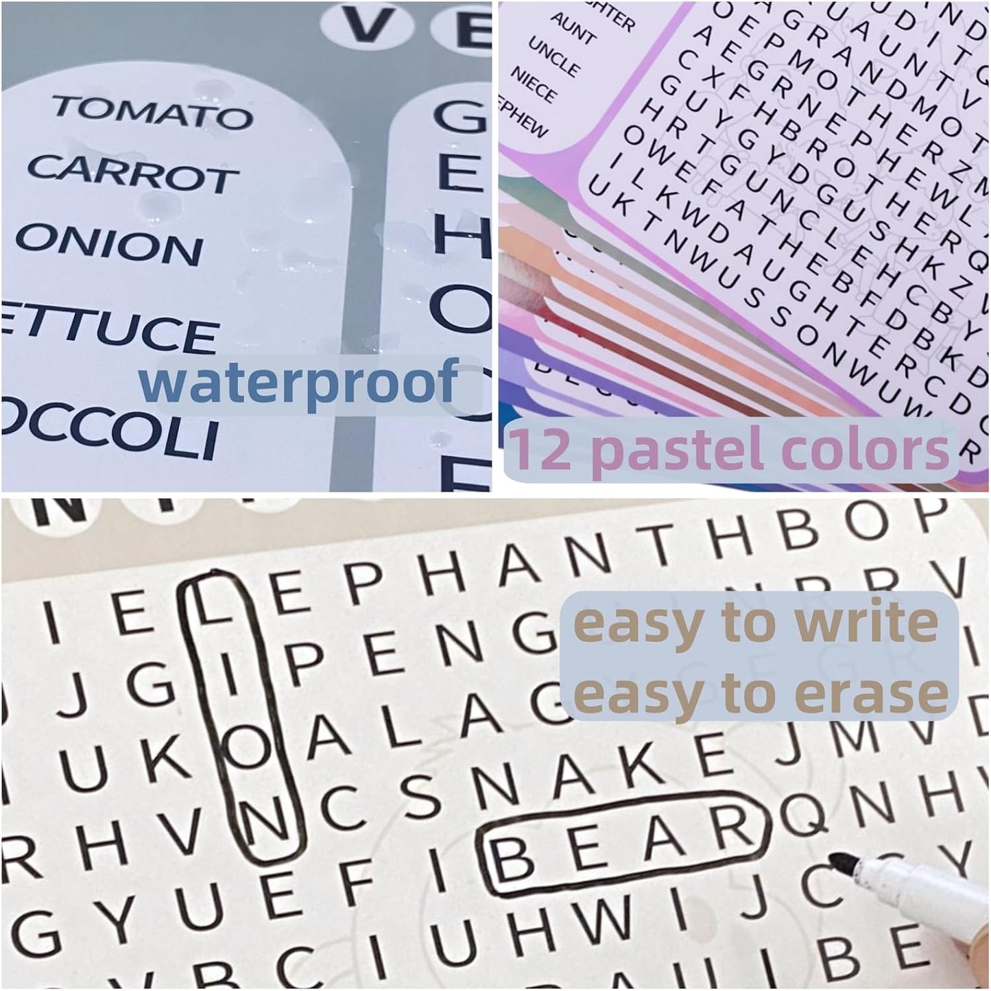 12 or 36 Pcs Reusable Word Search Cards for Dementia Game-Dementia Activities for Seniors with Alzheimer's-Elderly Alzheimer's Toys-Large Print Word Search Books (12 Reusable Word Search Card)