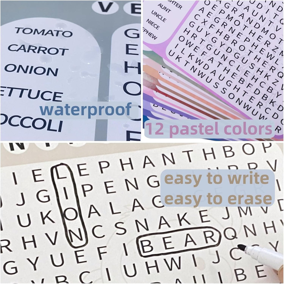 12 or 36 Pcs Reusable Word Search Cards for Dementia Game-Dementia Activities for Seniors with Alzheimer's-Elderly Alzheimer's Toys-Large Print Word Search Books (12 Reusable Word Search Card)