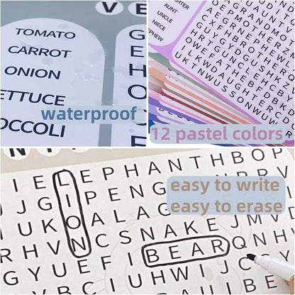 12 or 36 Pcs Reusable Word Search Cards for Dementia Game-Dementia Activities for Seniors with Alzheimer's-Elderly Alzheimer's Toys-Large Print Word Search Books (12 Reusable Word Search Card)