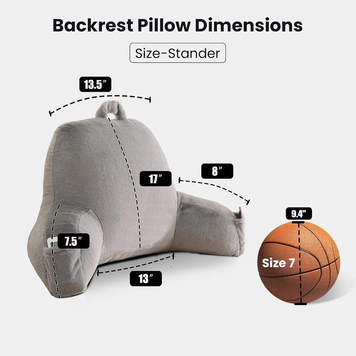 Reading Pillow with Arms for Sitting in Bed,Backrest,White Flannel,M | 17" Backrest Supports Back for College Students,Elbows & Forearms for Dorm Reading,Gaming,Watching TV