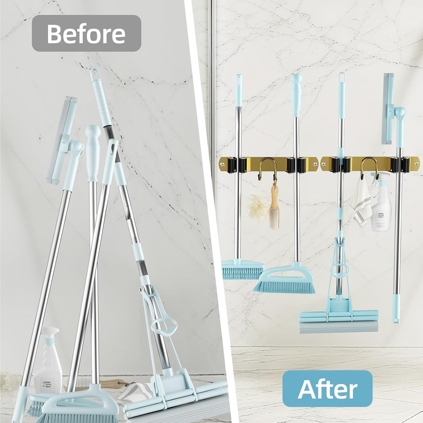Broom Holder Wall Mount, Stainless Steel Mop and Broom Organizer, Broom Hanger with 2 Slots 2 Hooks for Home Kitchen, Garage, Garden and Laundry Room, Black