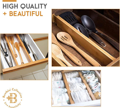 4-Pack Drawer Dividers 2.6-Inch High Dresser Organizer 16 to 22 Inch, Black | Bamboo, Spring Loaded, No Tools Needed, Fits Wide Drawers for Socks, Clothes, Utensils, Bedroom, Bathroom, Kitchen, Office