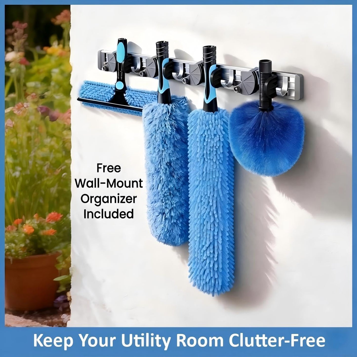 20ft High Ceiling Duster Kits with 5-12ft Heavy Duty Extension Pole - Fan Blade Cleaner, Cobweb Remover & Blue Window Squeegee Kit, Washable Dust Brush for High Roof and Glass Surfaces