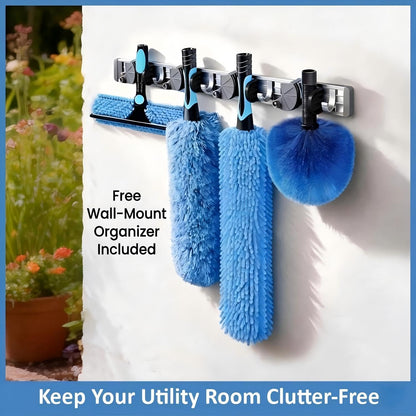 20ft High Ceiling Duster Kits with 5-12ft Heavy Duty Extension Pole - Fan Blade Cleaner, Cobweb Remover & Blue Window Squeegee Kit, Washable Dust Brush for High Roof and Glass Surfaces