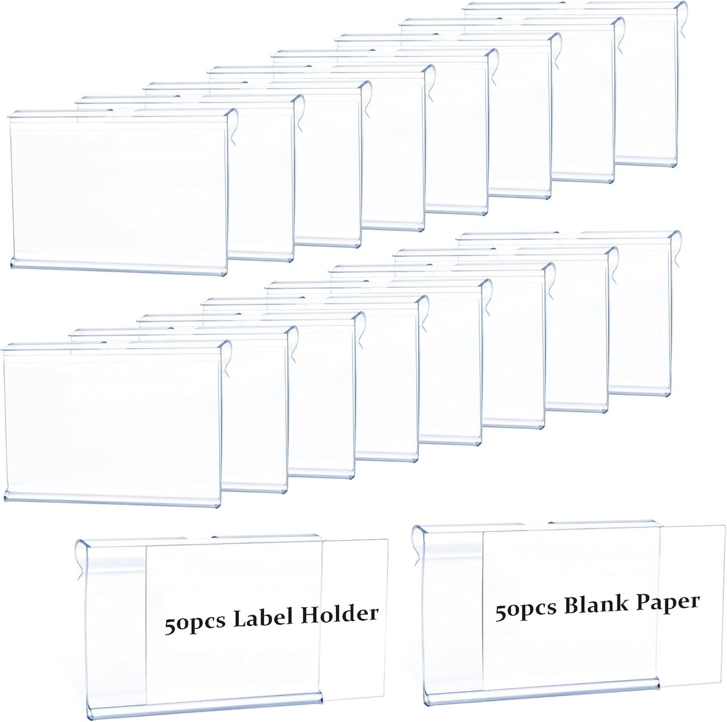 50pcs Labels for Storage Bins Plastic Label Clip, Basket Labels Clip On Wire Shelf Price Label Holder Merchandise Sign Display Holder, 50pcs Label Insert Included (6x4cm)