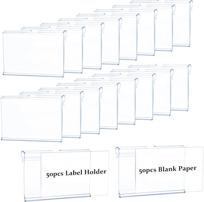 50pcs Labels for Storage Bins Plastic Label Clip, Basket Labels Clip On Wire Shelf Price Label Holder Merchandise Sign Display Holder, 50pcs Label Insert Included (6x4cm)