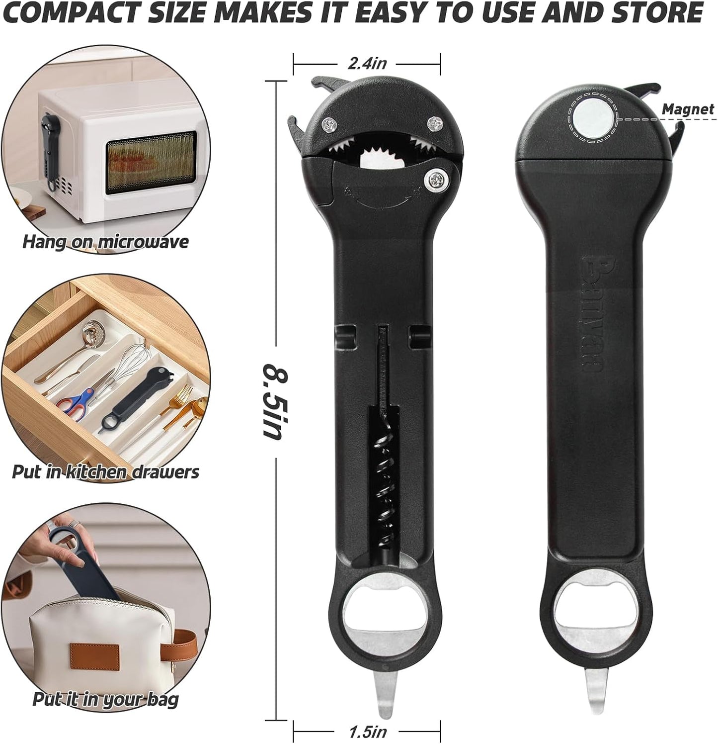 Jar Opener for Seniors with Arthritis, 7 in 1 Bottle Opener and Wine Corkscrew, Easy Grip Kitchen Gadget for Weak Hands Elderly, Retractable Jaw Lid Opener with Magnetic Storage (Teal)