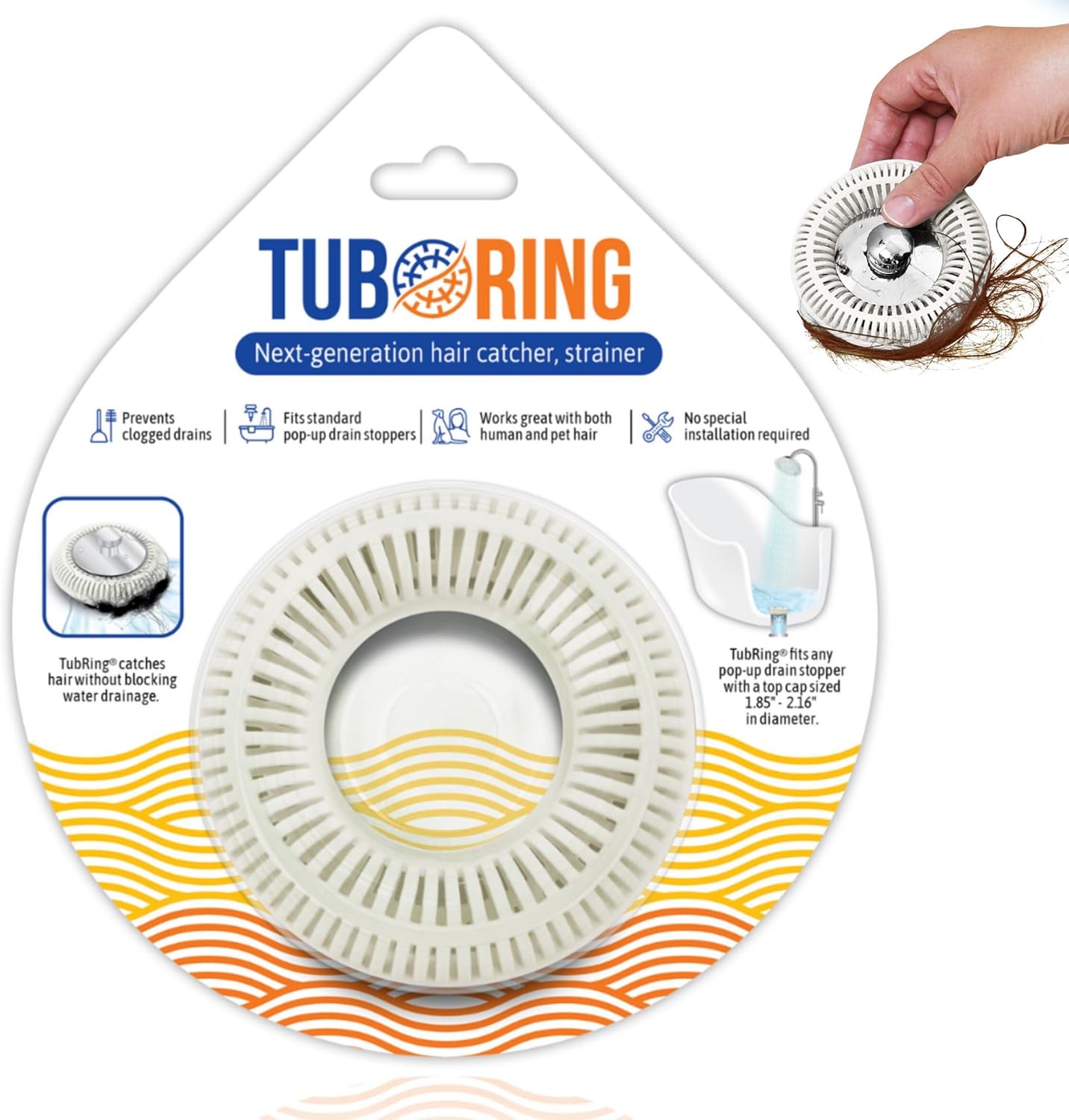 TubRing Pop-Up Drain Protector & Strainer Silicone Hair Catcher, Aqua | Easy snap-in design fits around bathtub stoppers. Customizable utility guard for clog prevention. Fits 1.85"- 2.16" drains.