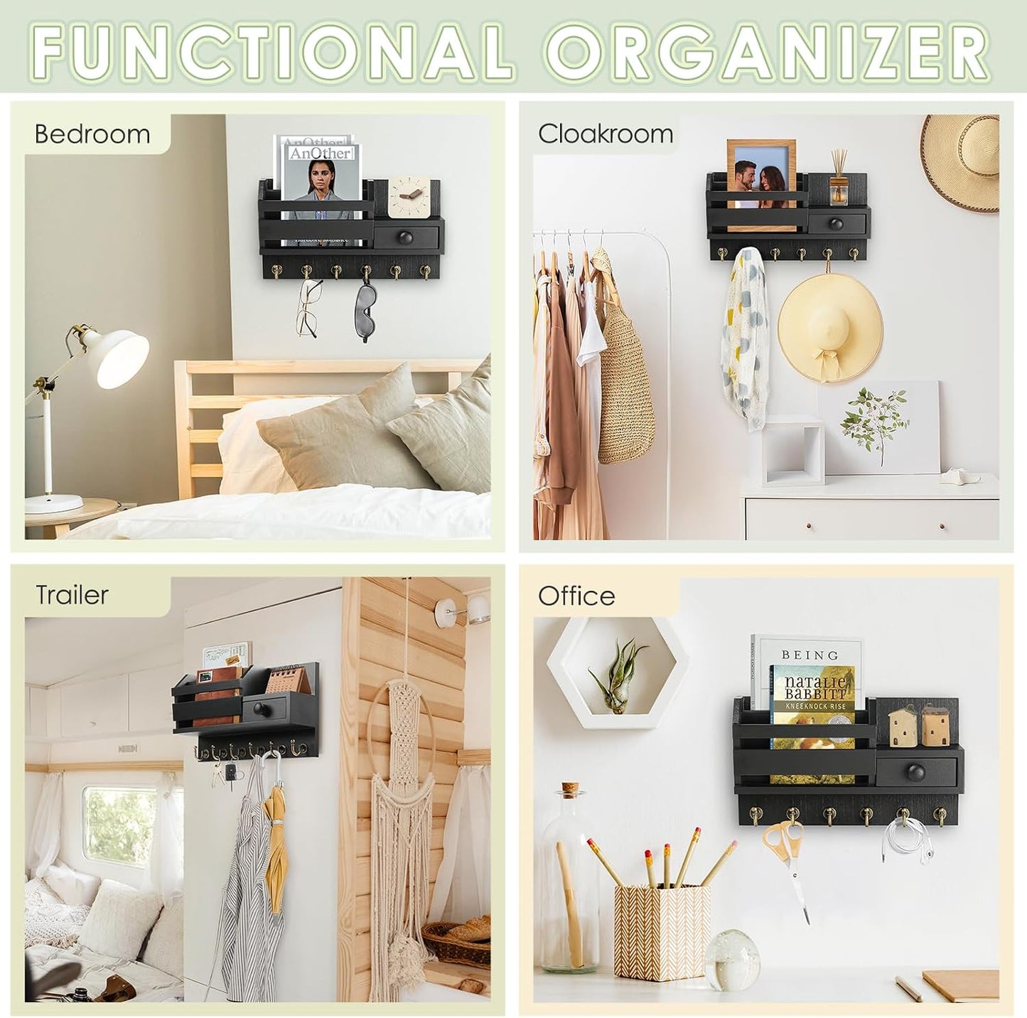 VIS'V Key Holder Wall Mount, Wooden Mail and Key Organizer, White | Contains Little Drawer, Small Shelf, 2 Slots, 6 Hooks, for Entryway, Hallway, Doorway, Kitchen, Garage, RV