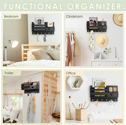VIS'V Key Holder Wall Mount, Wooden Mail and Key Organizer, White | Contains Little Drawer, Small Shelf, 2 Slots, 6 Hooks, for Entryway, Hallway, Doorway, Kitchen, Garage, RV