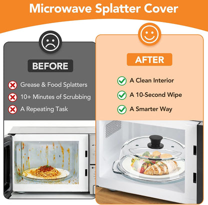 10 inch Glass Microwave Cover for Food,2-in-1 Microwave Splatter Cover with Silicone Pad, Microwave Plate Lid with Vent Holes & Easy-Grip Handle