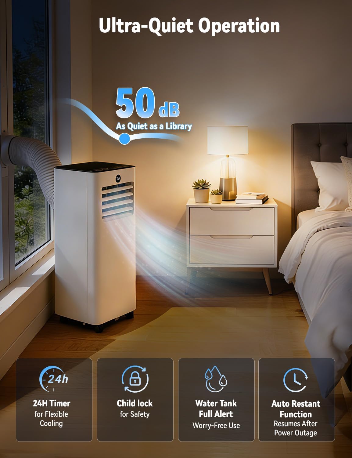 14000BTU Portable Air Conditioner, 4-in-1 700 Sq. Ft, Quiet for room | 14000BTU AC cools 700sq.ft, 4-in-1 cool/fan/dry/sleep, quiet, LED, remote, 24H timer, kit, for bed/office/dorm.