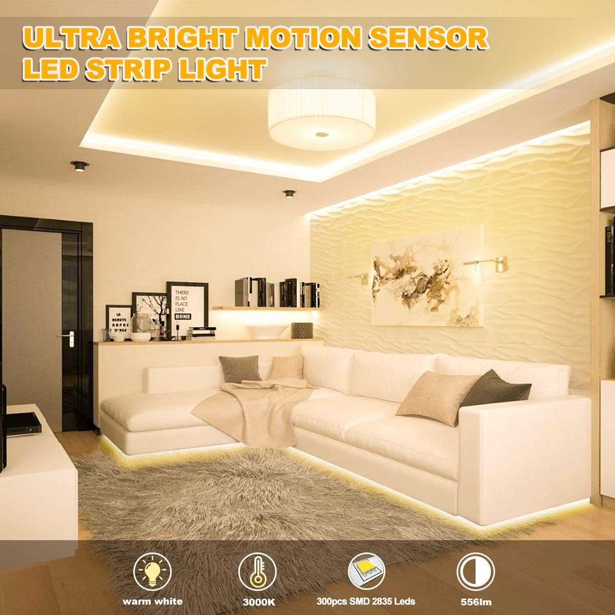 Motion Activated LED Strip Lights,RGH LIGHTING 16.4ft LED Light Strip with Day or Night 2 Lighting Modes,3 Timing Off Modes,Cozy Warm White 12v Plug-in LED Rope Lights for Under Cabinet,Kitchen,Stair