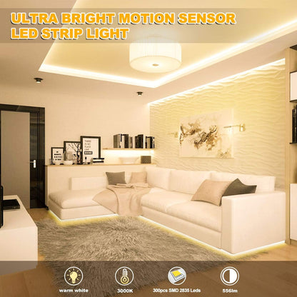 Motion Activated LED Strip Lights,RGH LIGHTING 16.4ft LED Light Strip with Day or Night 2 Lighting Modes,3 Timing Off Modes,Cozy Warm White 12v Plug-in LED Rope Lights for Under Cabinet,Kitchen,Stair