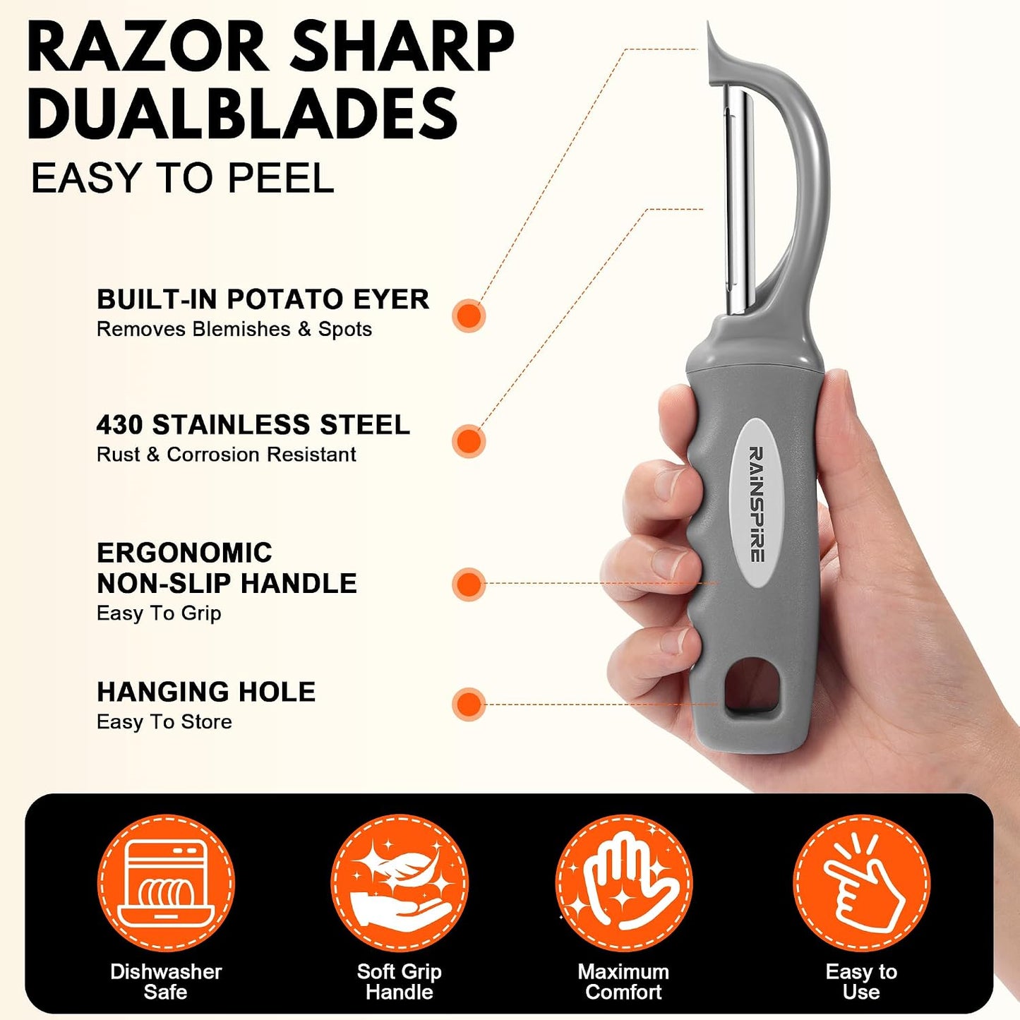 Rainspire Vegetable Peeler Potato Peelers for Kitchen, Sharp Stainless Steel Blades Veggie, Comfortable Handle Fruit Peeler, Carrot Peeler Apple Peeler Dishwasher Safe Black, 1-Pack