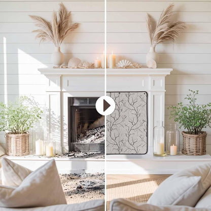 Magnetic Fireplace Cover White Vines Fireplace Screen Decorative Flowers Leaves Tree Branches Insulation Fireplace Blocker Blanket Save Energy Fireplace Draft Stopper Covers for Living Room 39x32 Inch