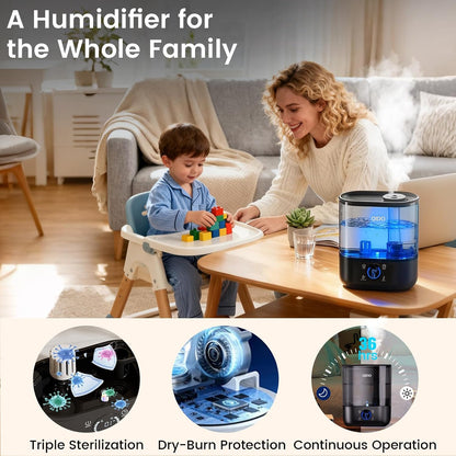 QIDO Top Fill Humidifiers for Bedroom, 5 L Cool Mist 36H Super Long Time, Quiet 28dB Essential Oil Diffuser for Baby & Plants, 3 Adjustable Mist with Touch/APP/7-color Nightlight, Auto Shut-off, White