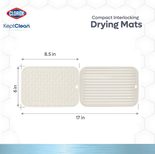 Clorox KeptClean™ 3-Piece Kitchen Sink Set with Two Interlocking Non-Slip Dish Drying Mats and Self-Draining Faucet Guard Splash Protector for Sink Areas, Almond Cream