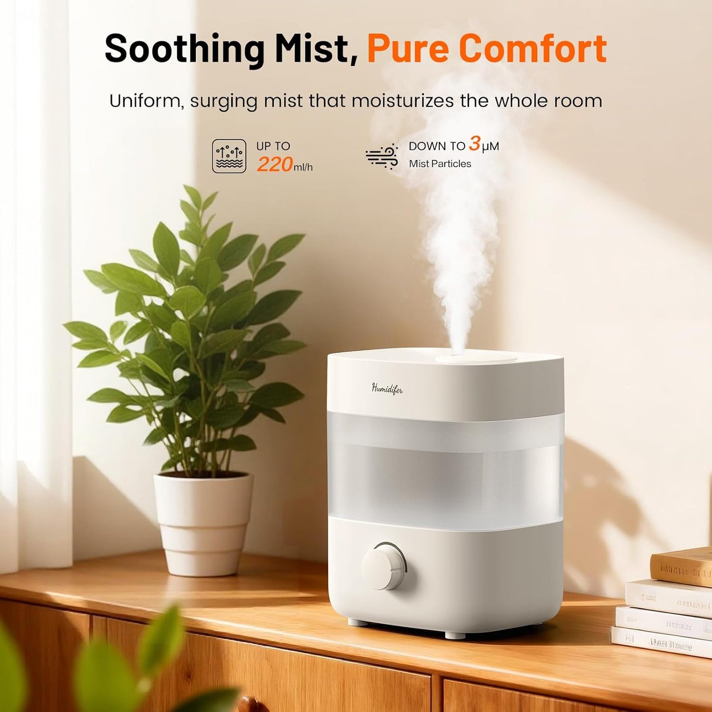 Humidifiers for Bedroom, 2L Top Fill Cool Mist Humidifier, 20dB Quiet ﻿ | 2L top-fill tank, dual 360° nozzles, 20dB quiet operation, stepless mist control, 7-color light, and low-water auto shut-off