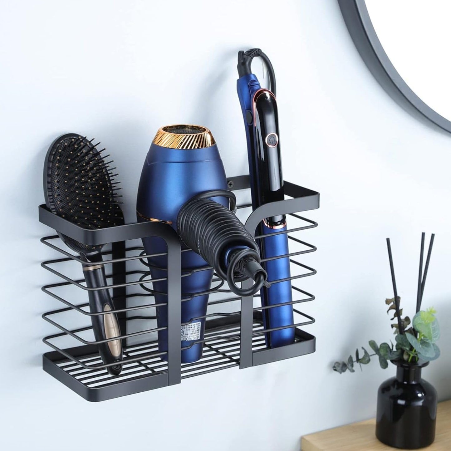 YIGII Hair Dryer Holder, 3 in 1 Hair Tools Organizer Blow Dryer Holder Adjustable Height Cabinet Door/Wall Mounted Bathroom Organizer and Storage for Hair Dryer, Flat Irons, Curing Wands