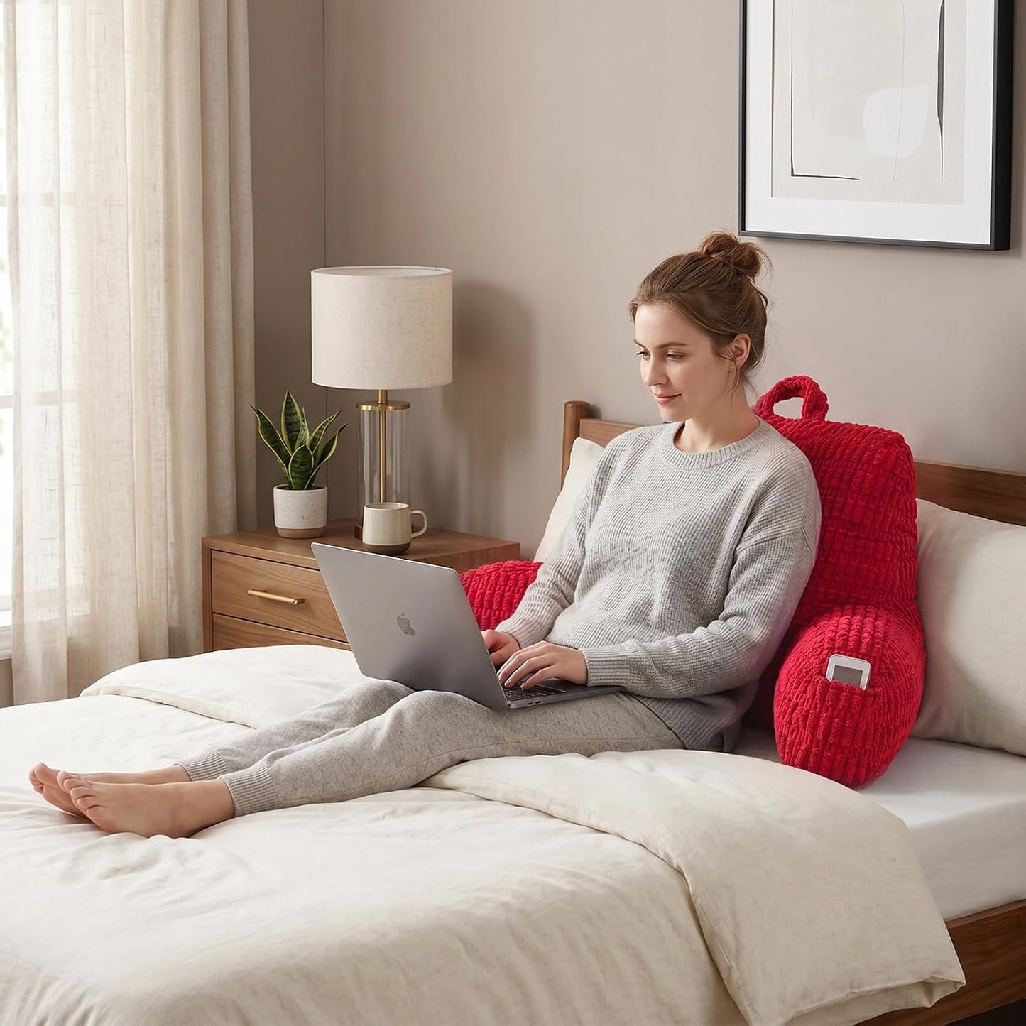 Reading Pillow with Arms for Sitting in Bed,Backrest,White Flannel,M | 17" Backrest Supports Back for College Students,Elbows & Forearms for Dorm Reading,Gaming,Watching TV