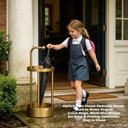 Stainless Steel Umbrella Stand, Gold Freestanding Umbrella Holder with Drip Tray & Hook, Entryway Rain Umbrella Storage Rack for Home Lobby Hotel Decor