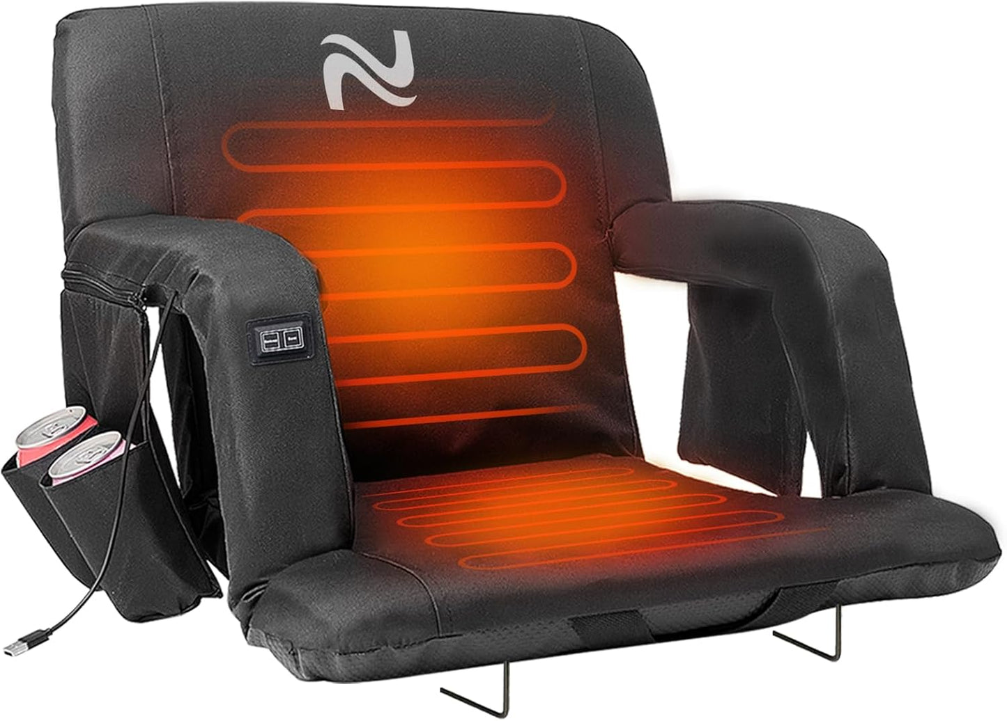 Wide Heated Stadium Seat for Bleachers w/Back Support & Cushion | 5-Position Adjustable Heated Stadium Seat with Armrests, 3 Heat Levels, Anti-Slip, Side Pockets, Backpack Straps (No Battery)