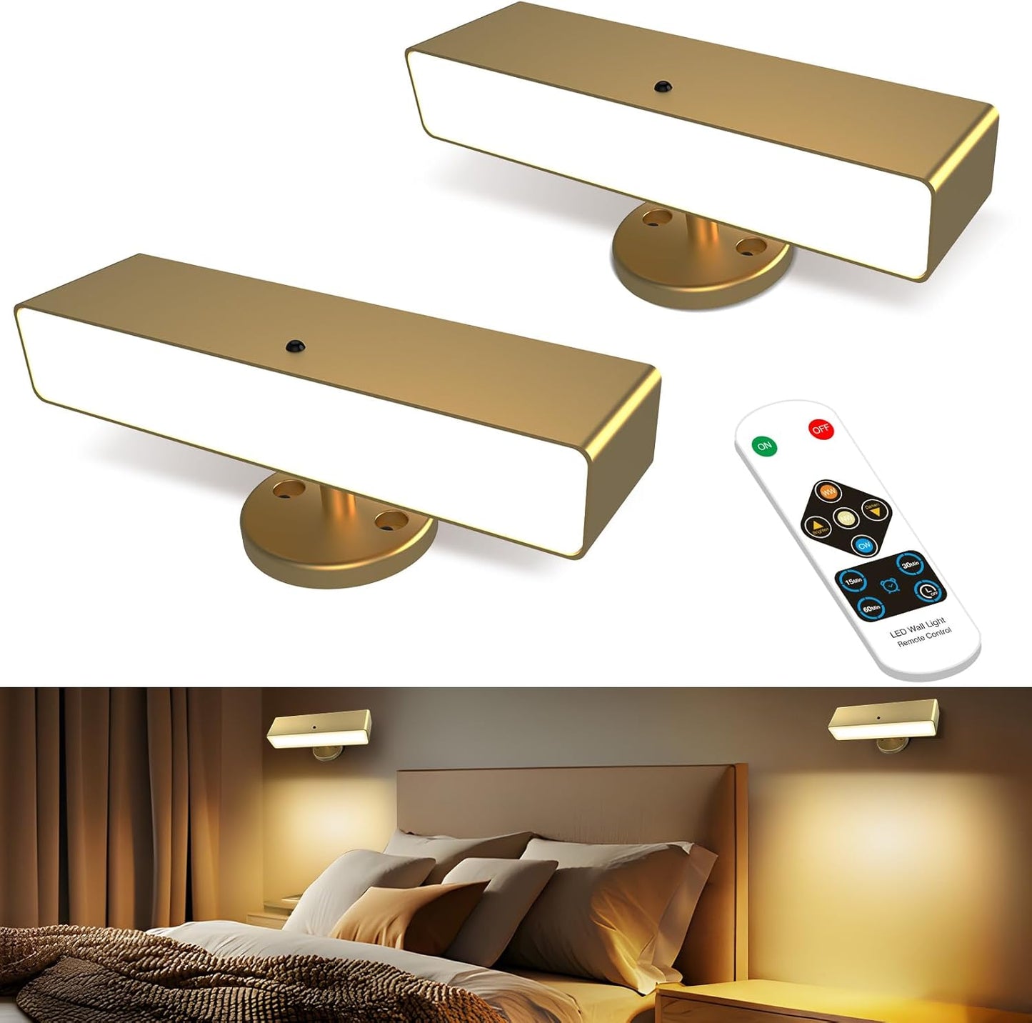 iThird Battery Operated Wall Sconce Set of 2, Gold Rechargeable | Type-C 5V 1A charging, 360° rotation, 3000K/4000K/6000K, remote and button control