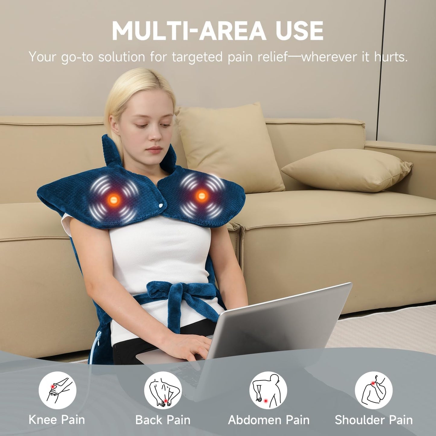Heating pad for Neck - Wearable Electric Heating Pads for Back, Shoulder and Waist, Large Heat Pad with 4 Massage Modes & 2 Heat Levels, 24"x35", 4 Motor, Gray