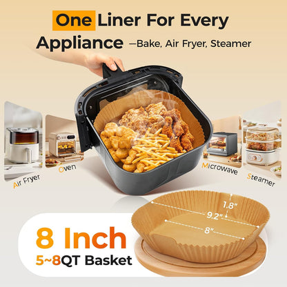 Vailnd Air Fryer Paper Liners, 200pcs Air Fryer Liners Disposable 8" Square | Baking Paper Liner for 5-8 qt Airfryer Basket, Non-stick and Oil Proof Parchment Paper for Oven, Pans & Baking