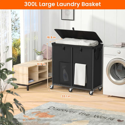 Laundry Hamper with Wheels, 150L Rolling Laundry Basket with Bag & Handles | Sturdy Metal Frame | Removable Bag | Large & Tall Dirty Clothes Hampers for Laundry Room, Bedroom, Dorm, Bathroom-Black