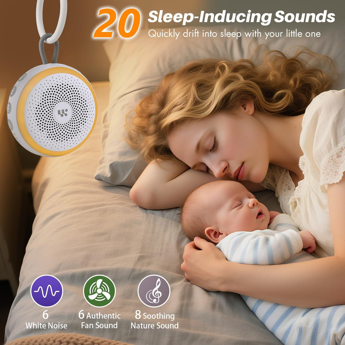 White Noise Machine - Portable Sound Machine for Baby Adult, 20 Non-looping Soothing Sound, Noise Canceling for Sleeping, Sound Therapy for Office Home, Travel, Registry Gift (White)