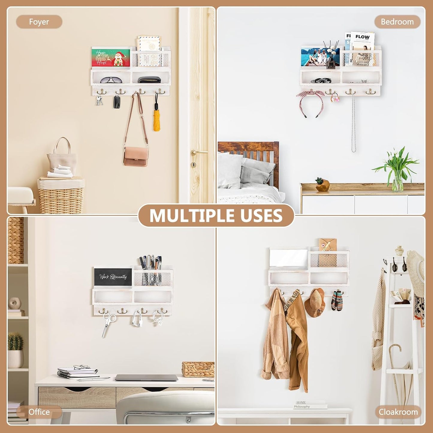 Key Holder Wall Mount, Wooden Mail and Key Organizer, Brown | Rustic Farmhouse Style, 4 Double Hooks, Includes 2 Storage Box, Small Shelf, Mail Slot, for Entryway, Doorway, Hallway, RV