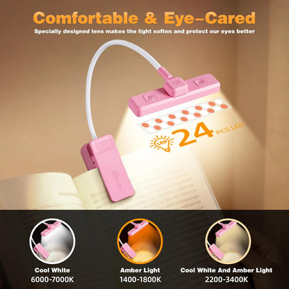 VAVOFO Rechargeable Book Light Rotatable：24 LEDs Reading Light, 3-Color & 9-Brightness Book Lamp, Eye Cared 120Hrs Runtime Lightweight Clip on Led Light for Book Lovers (Black)